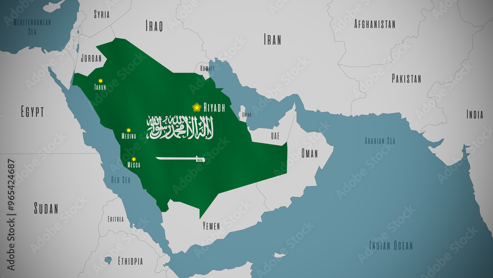 Map of Saudi Arabia in the colors of national flag. Major cities are marked.