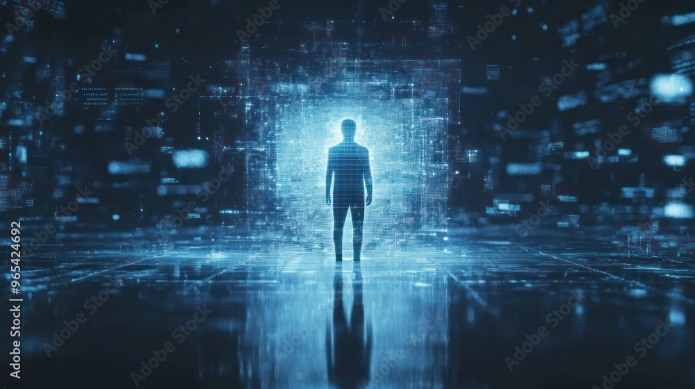 Silhouette of a Person in a Glowing Digital Portal Silhouette of a Person in a Glowing Digital Portal