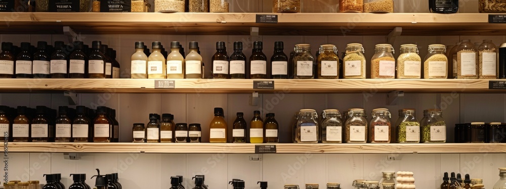 Well-stocked apothecary shelf with various beauty products Well-stocked apothecary shelf with various beauty products