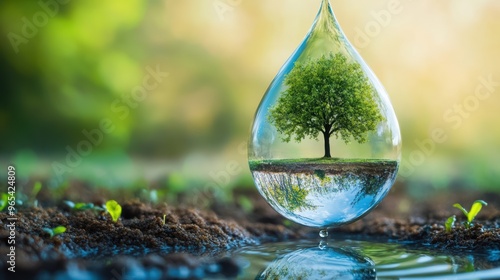 A crystal-clear water droplet reflecting a tree, symbolizing nature, growth, and the importance of water in sustaining life.
