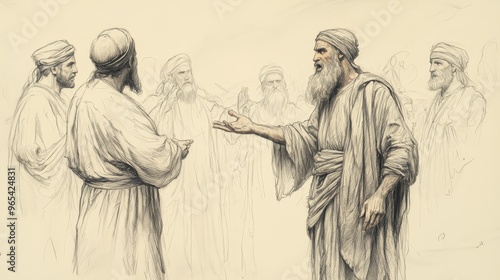Biblical Illustration of Numbers: Aaron and Moses Pleading with the Rebels to Reconsider, Captured on a Beige Background, Emphasizing Compassion and Leadership
