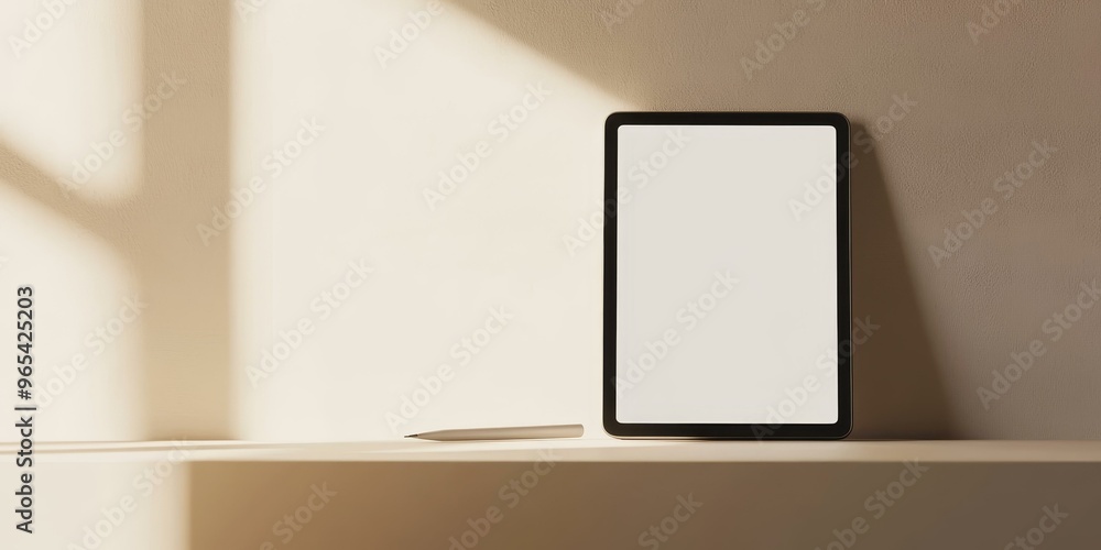 Tablet, pen, and shadow on a table. Tablet, pen, and shadow on a table.