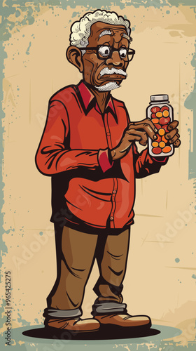 Elderly African American Man Surprised by High Price of Prescription Drugs, Holding Pill Bottle and Wallet, Depicting Expensive Healthcare Treatment