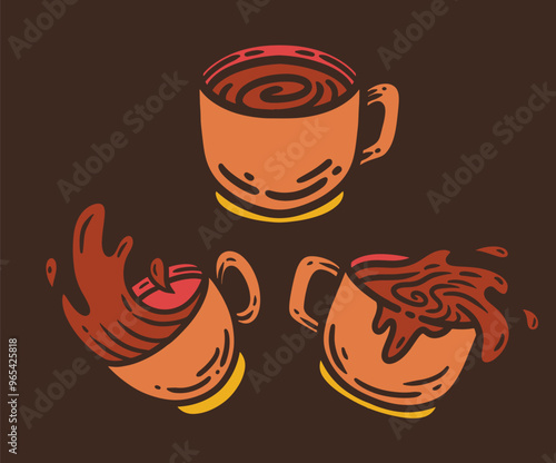 espresso hot coffee cup spilling pour for cafe illustration 