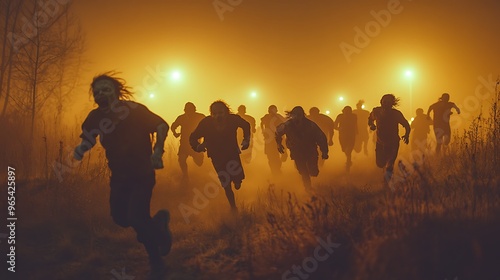 A thrilling zombie run with participants sprinting through a fog-filled field, zombies chasing closely behind, the glow of streetlights casting eerie shadows,