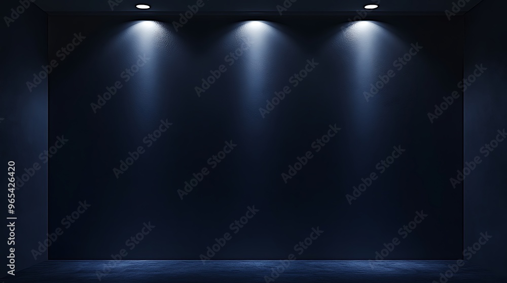 Deep indigo wall illuminated by a single soft white spotlight from above at a narrow angle, creating a subtle gradient with room for minimalist design. Deep indigo wall illuminated by a single soft white spotlight from above at a narrow angle, creating a subtle gradient with room for minimalist design.