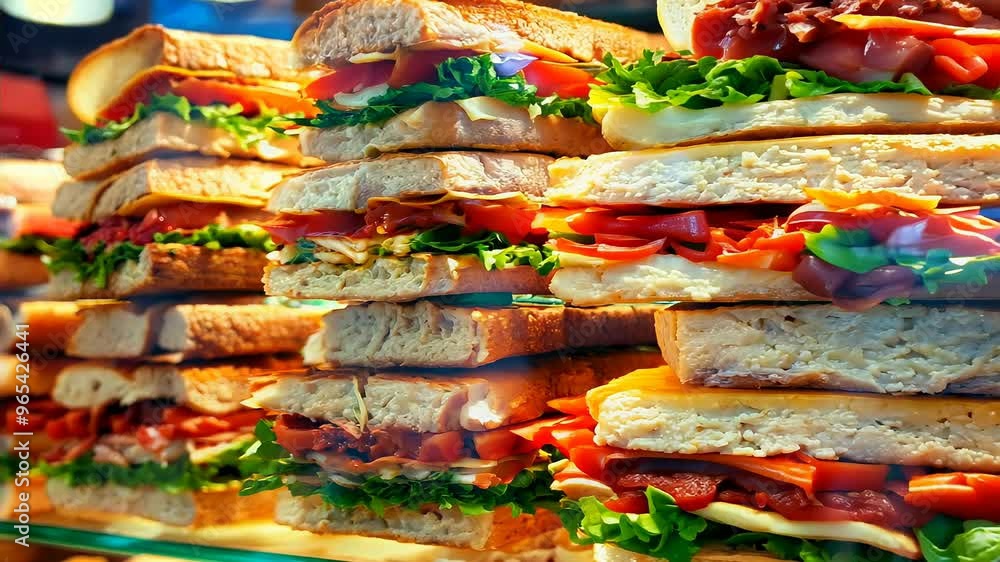 Close-Up Shot of Stacked Gourmet Sandwiches in a Display Case Close-Up Shot of Stacked Gourmet Sandwiches in a Display Case