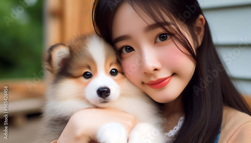 Portrait of a smiling girl sitting with her brown and black Shetland Sheepdog puppy, a cute and friendly companion