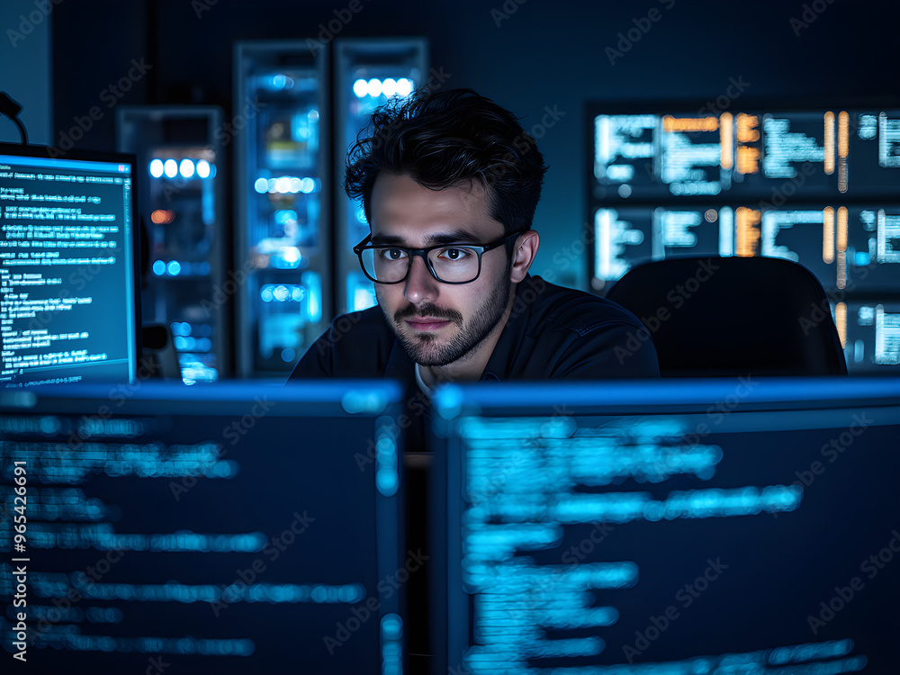 Focused Individual Working in High-Tech Cybersecurity Environment with Multiple Computer Screens Displaying Code in Dim Lighting, Conveying Concentration and Modern Digital Workspace Ambiance Focused Individual Working in High-Tech Cybersecurity Environment with Multiple Computer Screens Displaying Code in Dim Lighting, Conveying Concentration and Modern Digital Workspace Ambiance