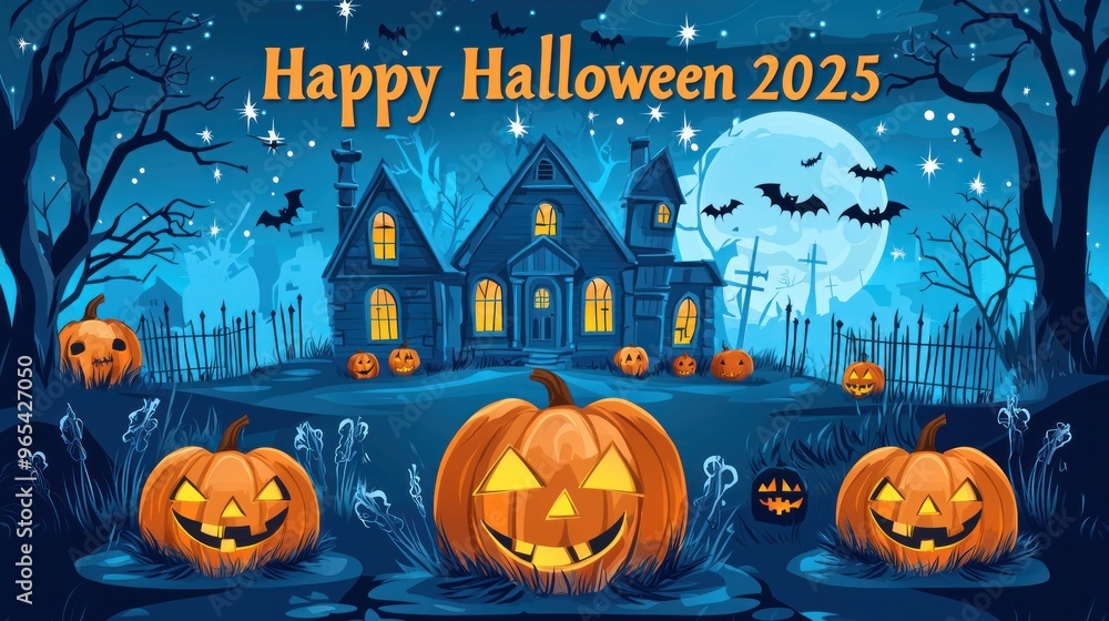 Fototapeta premium Flat Vector Illustration of Halloween Background with Haunted House, Pumpkin and Scary Tree. Graveyard Scene for Halloween Lantern Festival Vector Graphic Design. Scary Halloween Night Banner Template