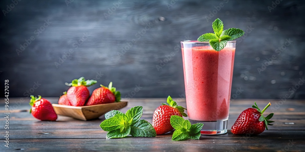 Refreshing strawberry smoothie garnished with mint leaves in tall glass Refreshing strawberry smoothie garnished with mint leaves in tall glass