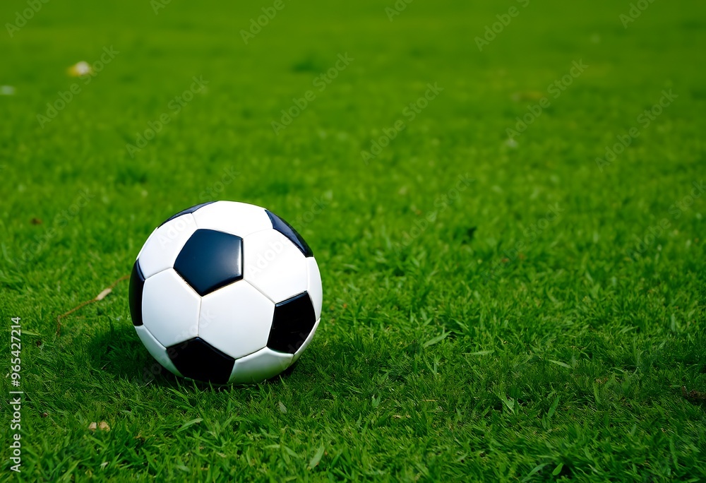 Soccer ball resting on a lush, green field with dew drops on it Soccer ball resting on a lush, green field with dew drops on it
