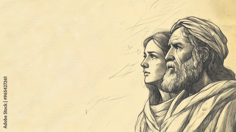 Fototapeta premium Biblical Illustration of Numbers: Aaron Looking Regretful During God’s Rebuke, Captured on a Beige Background, Emphasizing Repentance and Divine Correction