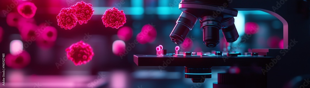 Close-up of a microscope analyzing colorful cells under neon light, representing advanced scientific research and technology. Close-up of a microscope analyzing colorful cells under neon light, representing advanced scientific research and technology.