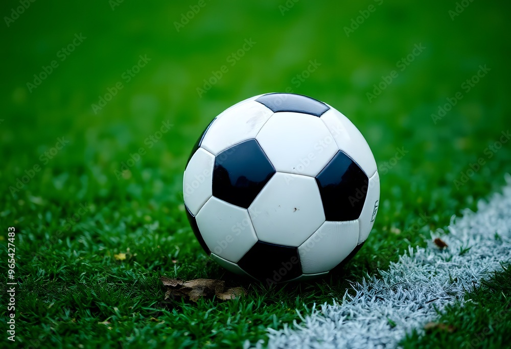 Soccer ball resting on a lush, green field with dew drops on it Soccer ball resting on a lush, green field with dew drops on it