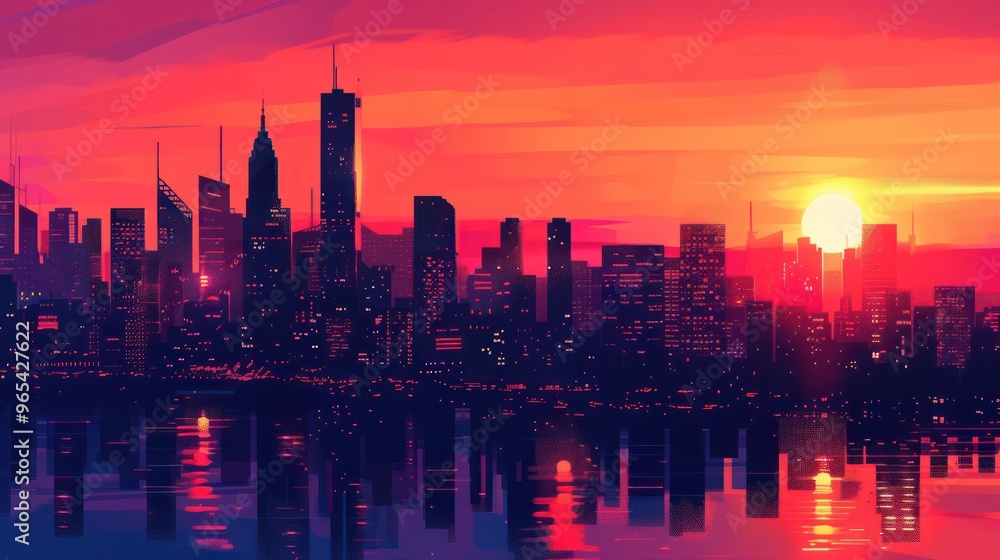 Fototapeta premium As the last rays of sunlight fade into the horizon, the city below awakens with a kaleidoscope of colors, its towering skyscrapers casting long shadows across the landscape.