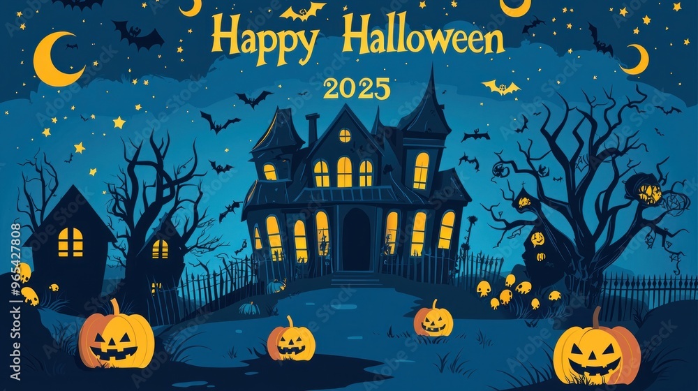 Fototapeta premium Flat Vector Illustration of Halloween Background with Haunted House, Pumpkin and Scary Tree. Graveyard Scene for Halloween Lantern Festival Vector Graphic Design. Scary Halloween Night Banner Template