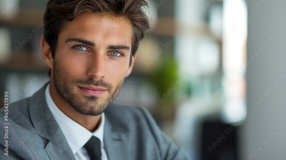 Confident businessman in gray suit with beard smiling at camera Confident businessman in gray suit with beard smiling at camera