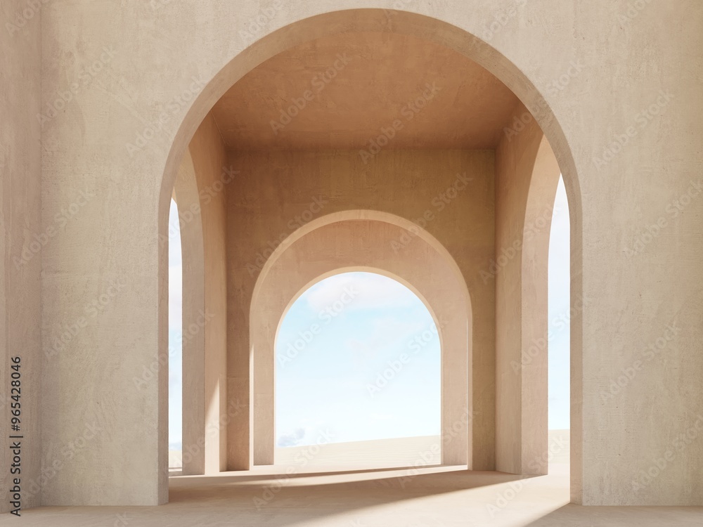 Modern minimalistic interior with a view of the sand dunes - 3d render. Simple background with a podium, showcase for advertising and presentations. Aesthetic architecture of the building space. Modern minimalistic interior with a view of the sand dunes - 3d render. Simple background with a podium, showcase for advertising and presentations. Aesthetic architecture of the building space.