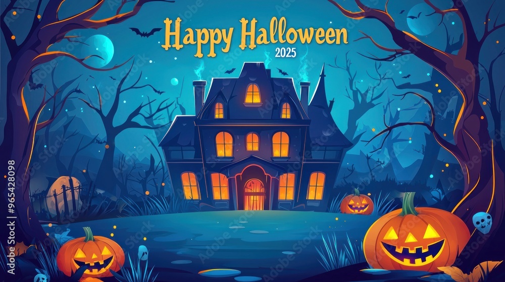 Fototapeta premium Flat Vector Illustration of Halloween Background with Haunted House, Pumpkin and Scary Tree. Graveyard Scene for Halloween Lantern Festival Vector Graphic Design. Scary Halloween Night Banner Template