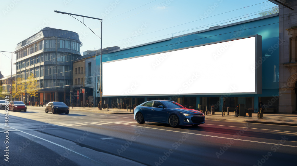Very wide White Billboards along a small Buildings inside an European Street with few cars and without people and morning light with blue sky Very wide White Billboards along a small Buildings inside an European Street with few cars and without people and morning light with blue sky
