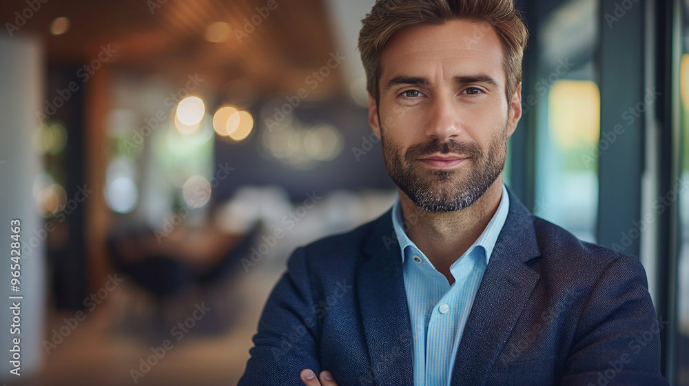 Confident businessman in a modern office with arms crossed Confident businessman in a modern office with arms crossed