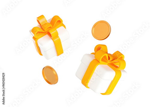 3d white gift box with yellow ribbon and flying gold coins. Stock vector illustration on isolated background.