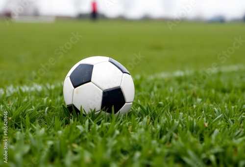 Soccer ball resting on a green grass field.