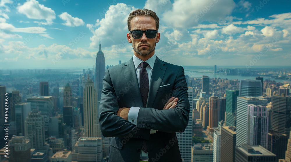 Confident businessman in suit with sunglasses standing in front of city skyline