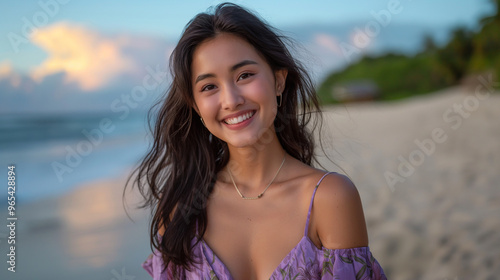 Smiling woman in a summer dress on a beach at sunset