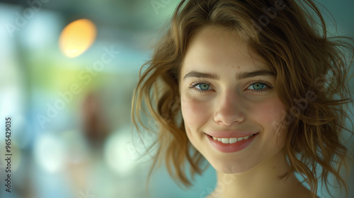 Smiling young woman with curly hair in a bright indoor setting