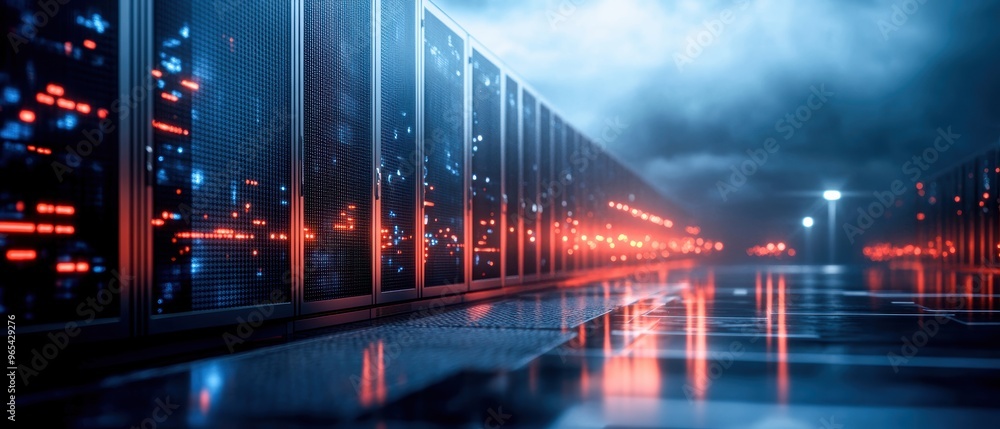 Fototapeta premium Futuristic data center with glowing servers bathed in blue and red light, creating a mysterious and technology-driven atmosphere.