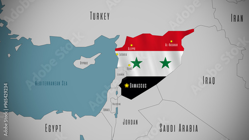 Map of Syria in the colors of national flag. Major cities are marked. photo