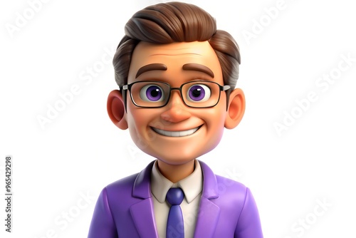 3d cartoon portrait of smiling cartoon character in suit with glasses and brown hair