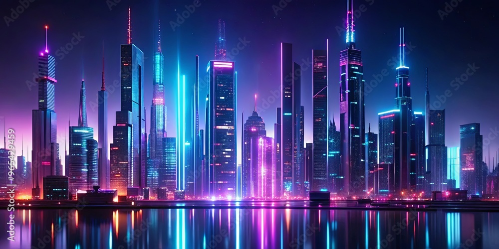 Futuristic cityscape with neon lights shining against a dark background Futuristic cityscape with neon lights shining against a dark background