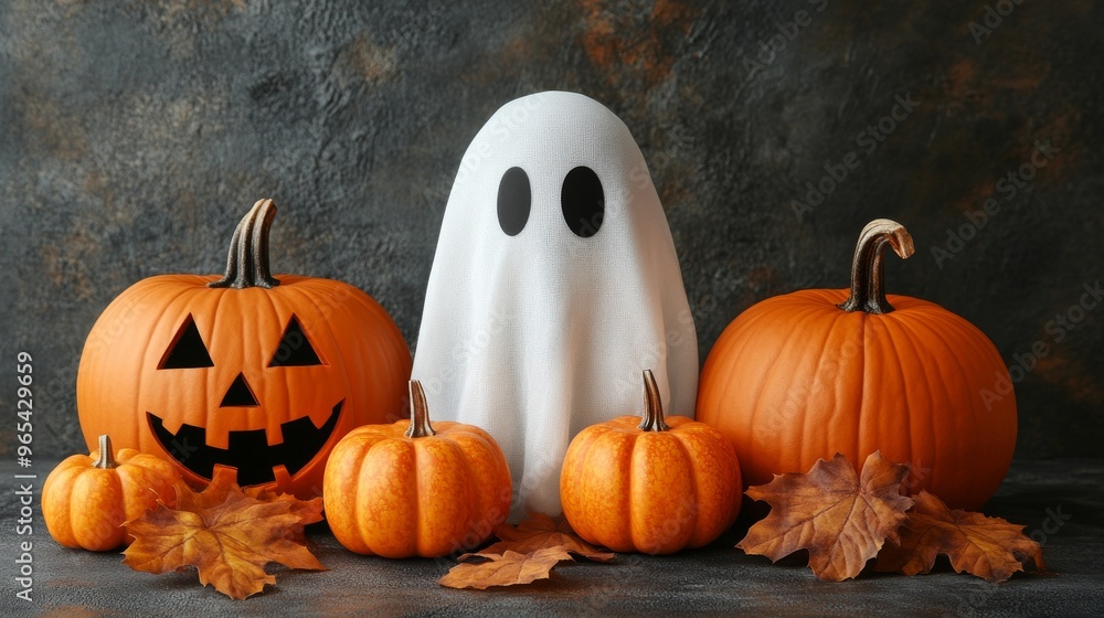A friendly white ghost is surrounded by various pumpkins against a soft dark pastel backdrop, offering a whimsical touch for seasonal decor or Halloween promotions A friendly white ghost is surrounded by various pumpkins against a soft dark pastel backdrop, offering a whimsical touch for seasonal decor or Halloween promotions
