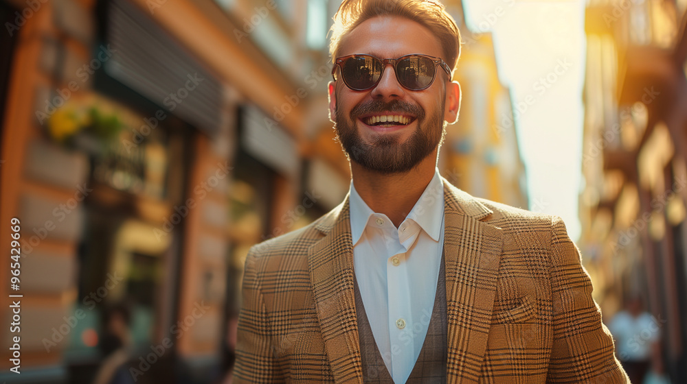 Smiling man in a checkered suit wearing sunglasses outdoors in a city street. Banner with empty copy space Smiling man in a checkered suit wearing sunglasses outdoors in a city street. Banner with empty copy space