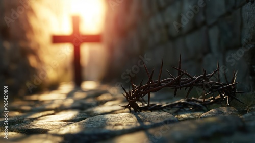 crown of thorns on ancient wall background and blurred cross