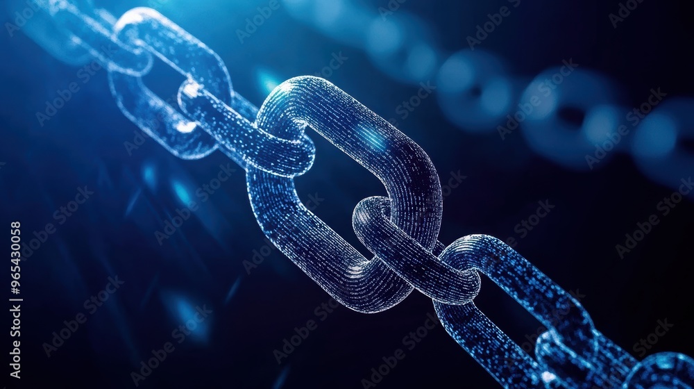 Close-up of a glowing chain link against a blurred blue background, symbolizing connection and strength in a digital world. Close-up of a glowing chain link against a blurred blue background, symbolizing connection and strength in a digital world.