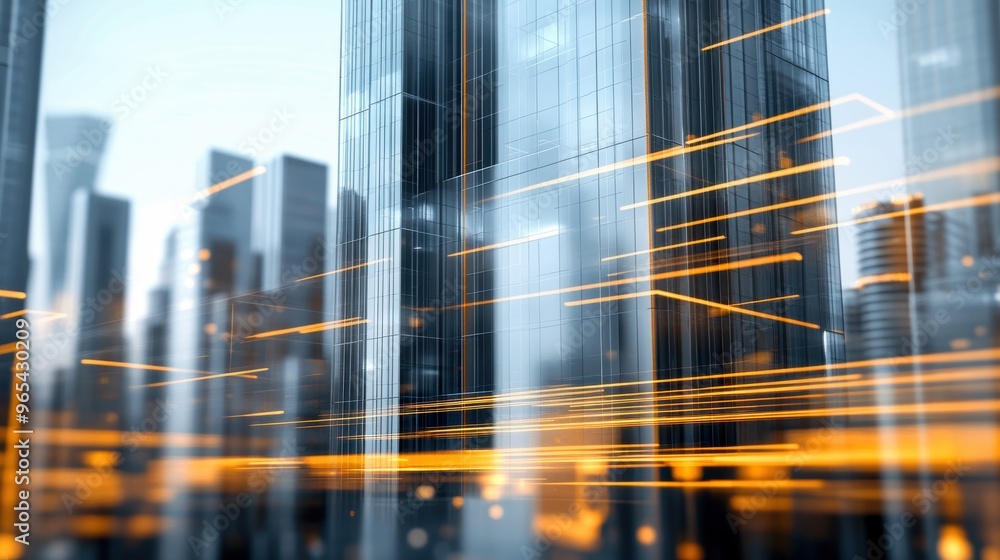 Abstract cityscape with luminous lines and modern skyscrapers showcasing urban dynamism and technological advancement. Abstract cityscape with luminous lines and modern skyscrapers showcasing urban dynamism and technological advancement.