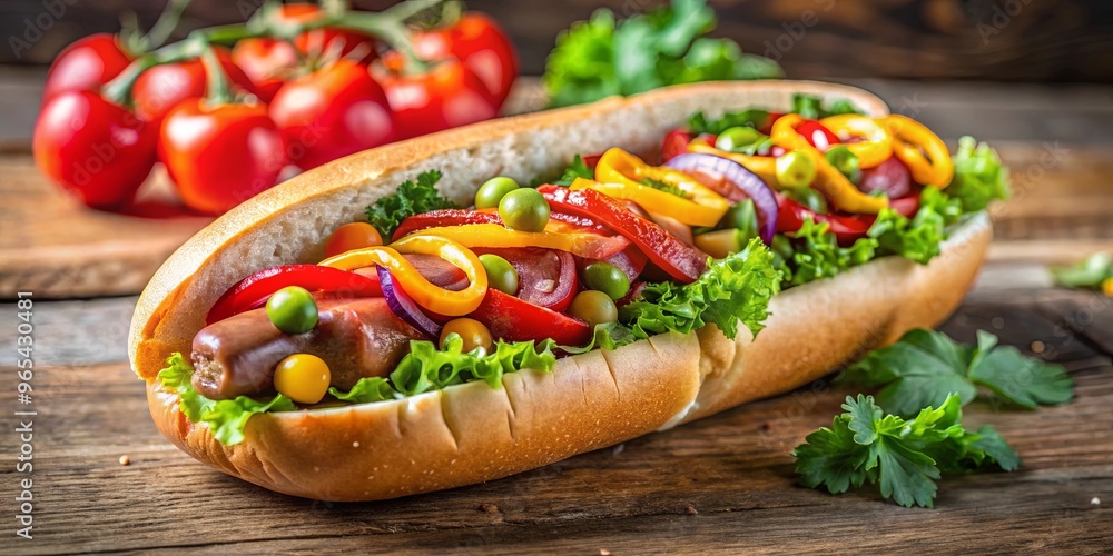 Close-up of a delicious hot dog with vibrant vegetables and toppings on a wooden table Close-up of a delicious hot dog with vibrant vegetables and toppings on a wooden table