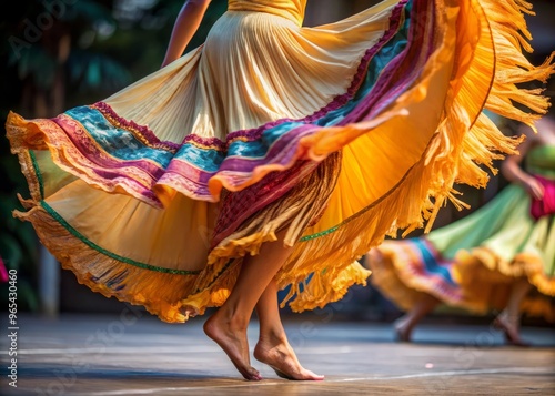 A delicate dancer's toes peek out from beneath the fringed hem of her flowy skirt as she moves to the rhythmic beat photo