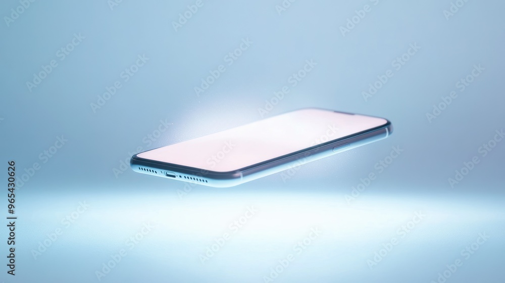 A Floating Smartphone with a White Screen Against a Light Blue Background A Floating Smartphone with a White Screen Against a Light Blue Background