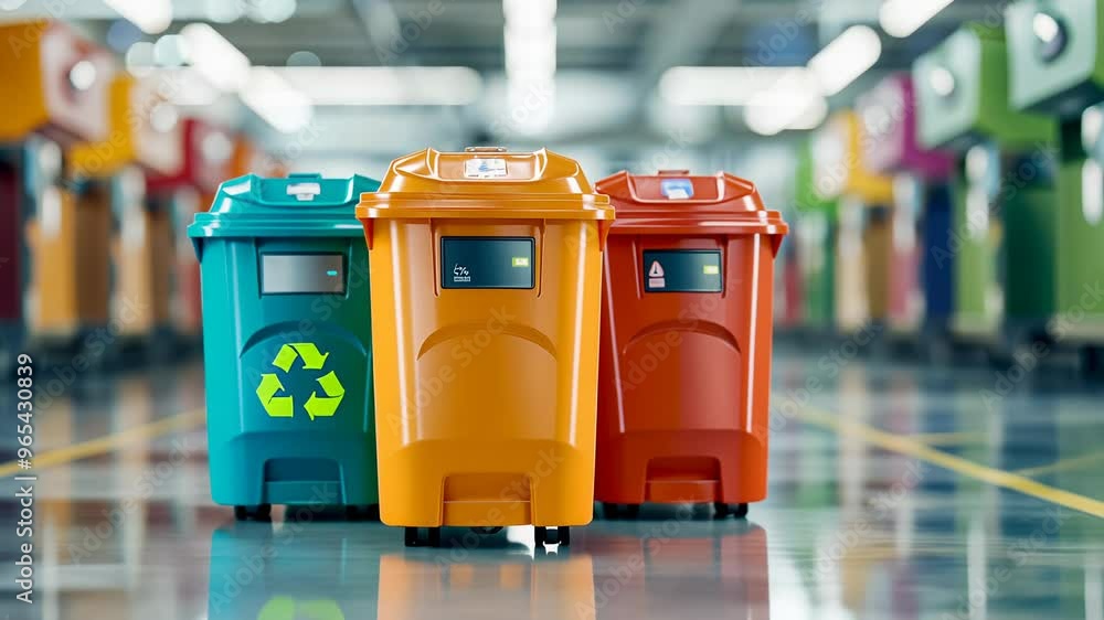 Colorful waste bins arranged in an industrial setting Colorful waste bins arranged in an industrial setting