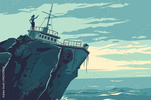 Hopeless Businesswoman Stranded on Shipwrecked Cliff