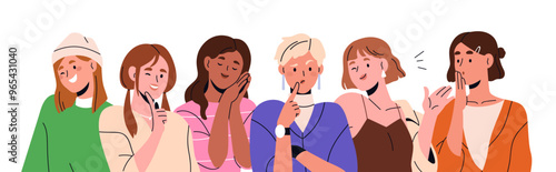 Women group, expressing different emotions, moods. Happy, surprised, smiling, puzzled face expressions. Young females, girls, diverse reactions. Flat vector illustration isolated on white background
