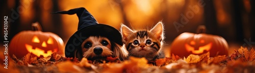 Cute dog in a vampire costume and a kitten in a witch s hat, surrounded by seasonal Halloween decor like pumpkins, hay bales, and autumn leaves photo