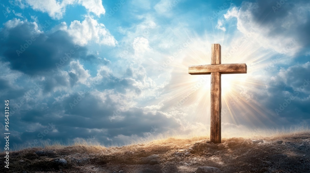 A serene wooden cross stands against a radiant sky, symbolizing hope and faith in a divine presence. A serene wooden cross stands against a radiant sky, symbolizing hope and faith in a divine presence.