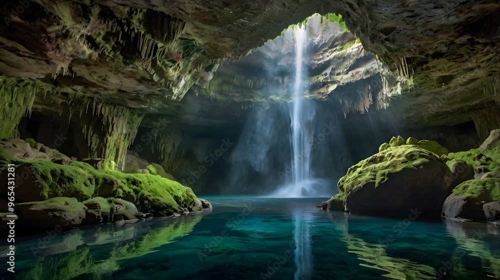 Fototapeta premium View of the waterfall from the cave, Spectacular stalactites and stalagmites formed by water and mineral deposits decorate the caves.