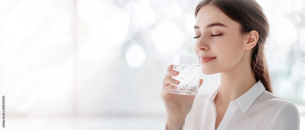 A serene woman enjoying a refreshing drink of water, promoting hydration and wellness in a bright, airy environment. A serene woman enjoying a refreshing drink of water, promoting hydration and wellness in a bright, airy environment.